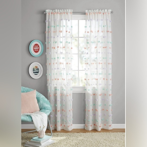 DKNY Sheer Curtains with Blush, Mint, and Purple Pom Pom (4) 38 x 84" Panels - Picture 1 of 4